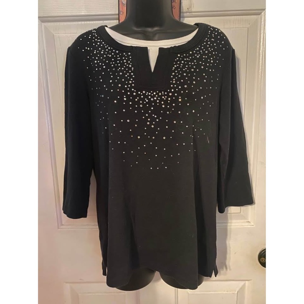 Trillogy by Morning Sun Women's sz L Black Rhinestone Split Neck 3/4 Sleeve Top
